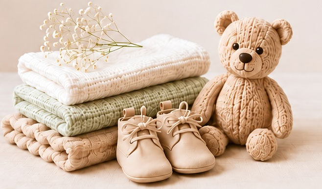 Baby essentials — blankets, booties and teddy bear